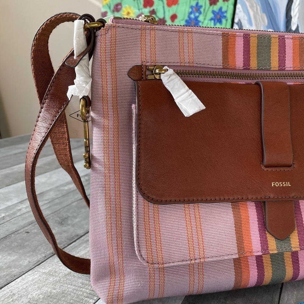 Fossil Kinley Womens Crosbody Bright Stripe Pink Women Fabric Bag purse fabric - Picture 5 of 7